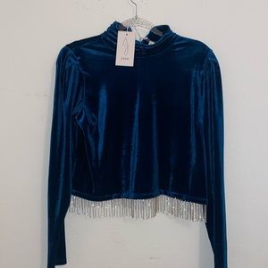Luxury Velvet Long Sleeve Top in Midnight Blue